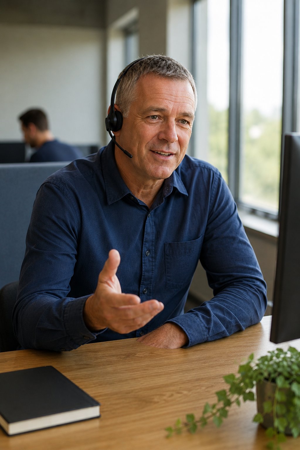 A U.S.-based benefits advocate wearing a headset, mid-conversation at his desk