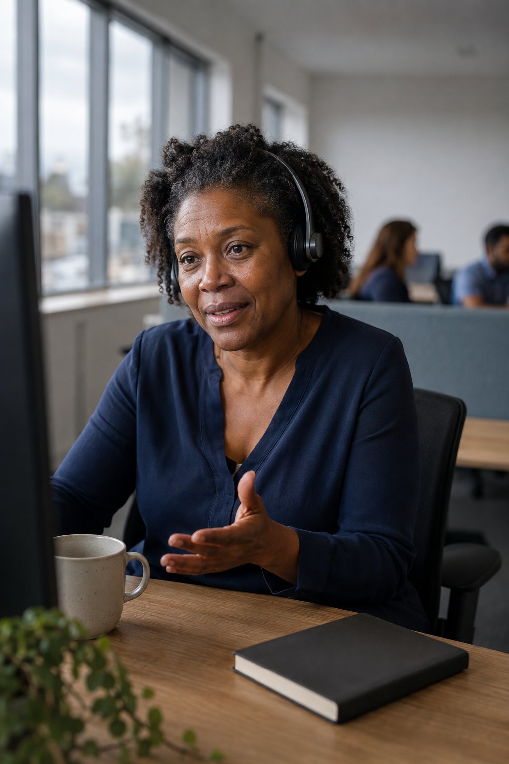 A U.S.-based benefits advocate wearing a headset, mid-conversation at her desk