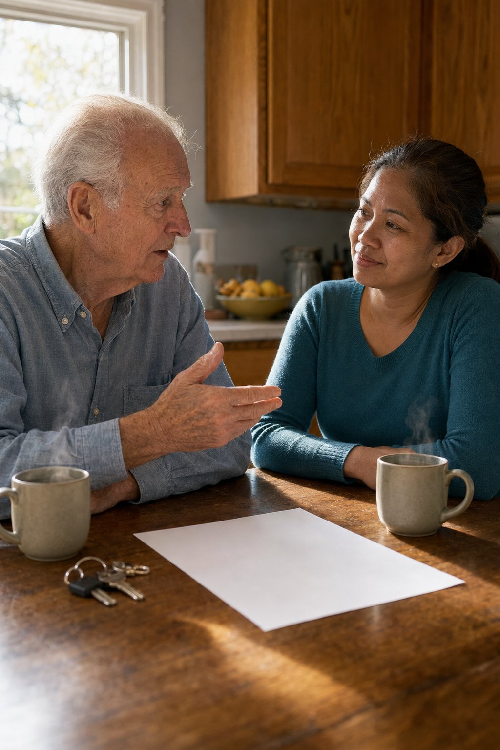 A Veteran at his kitchen table talking through the week with the direct care worker he hired