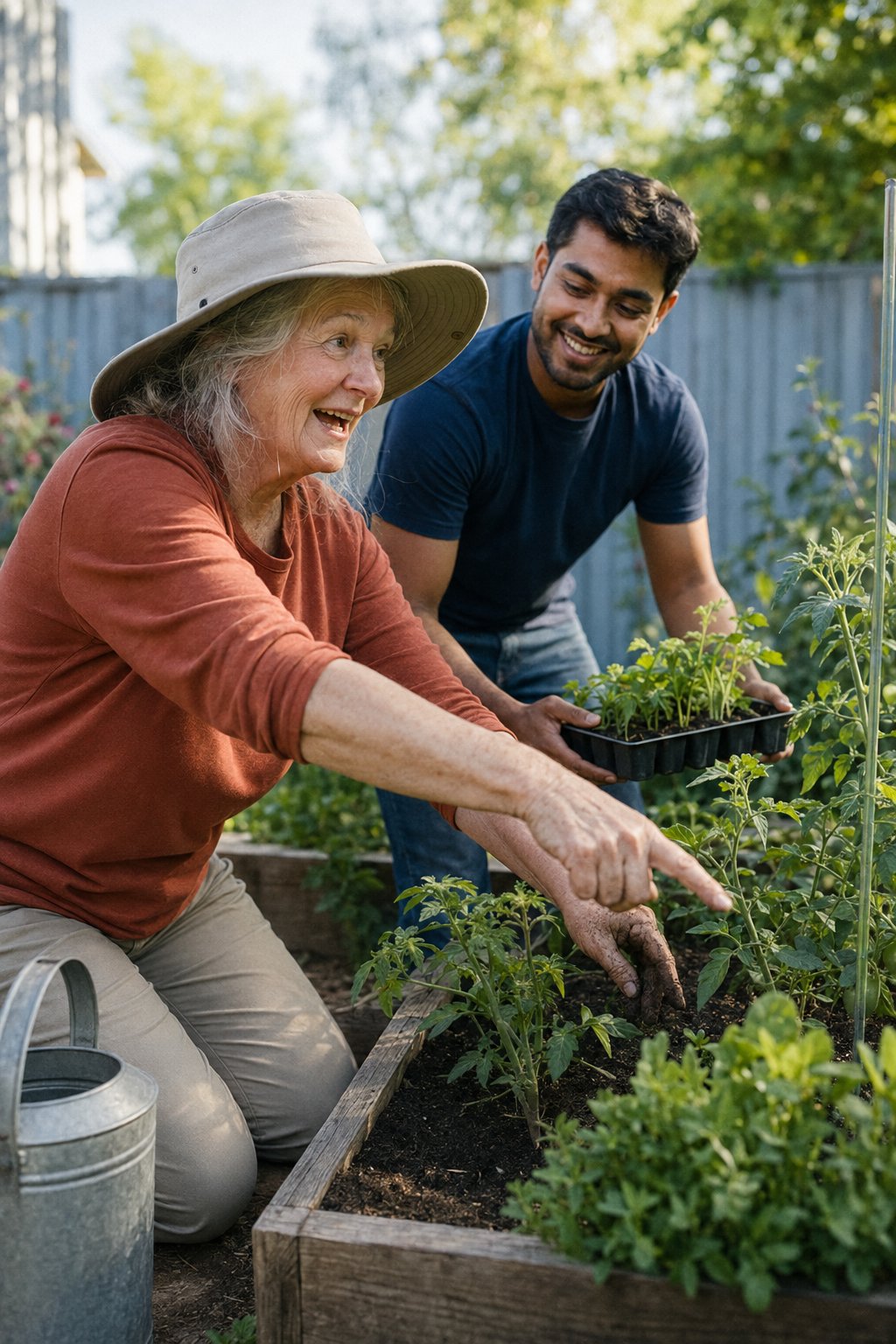 An older Veteran tending raised garden beds alongside a younger helper, both smiling in the sun