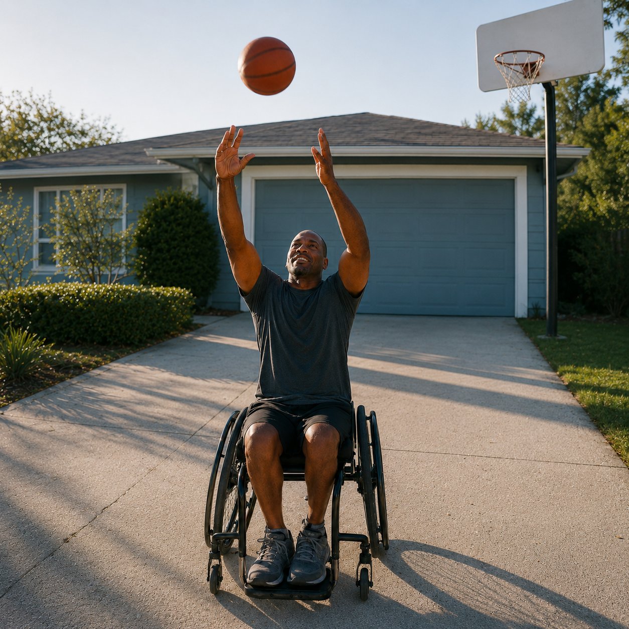 A Veteran shooting hoops in his driveway from his wheelchair