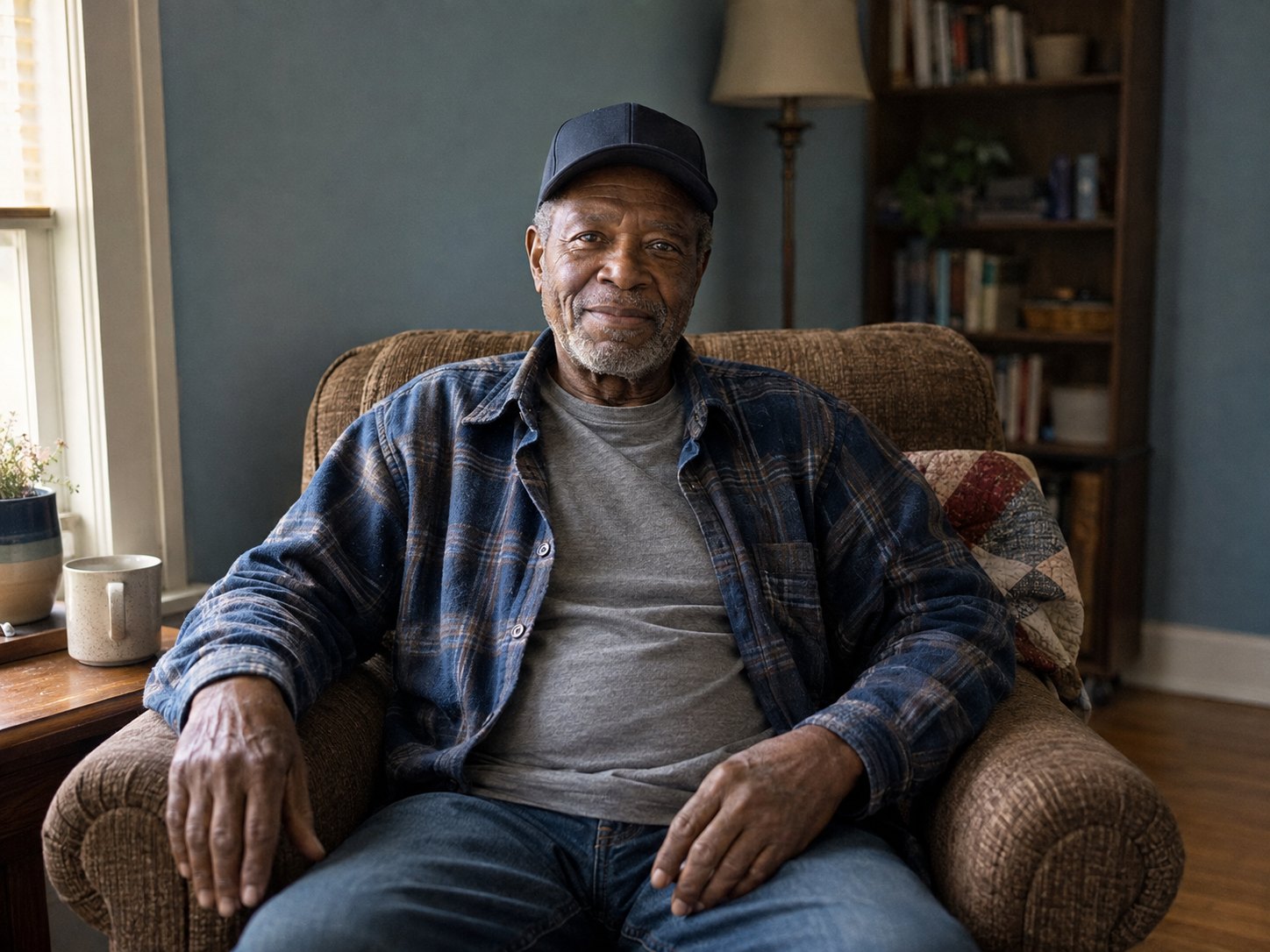 A Veteran sitting in an armchair in the living room of his own home