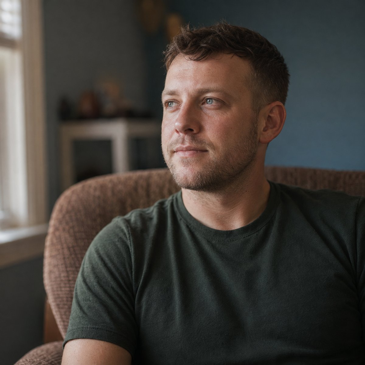 A young Veteran at home in morning light