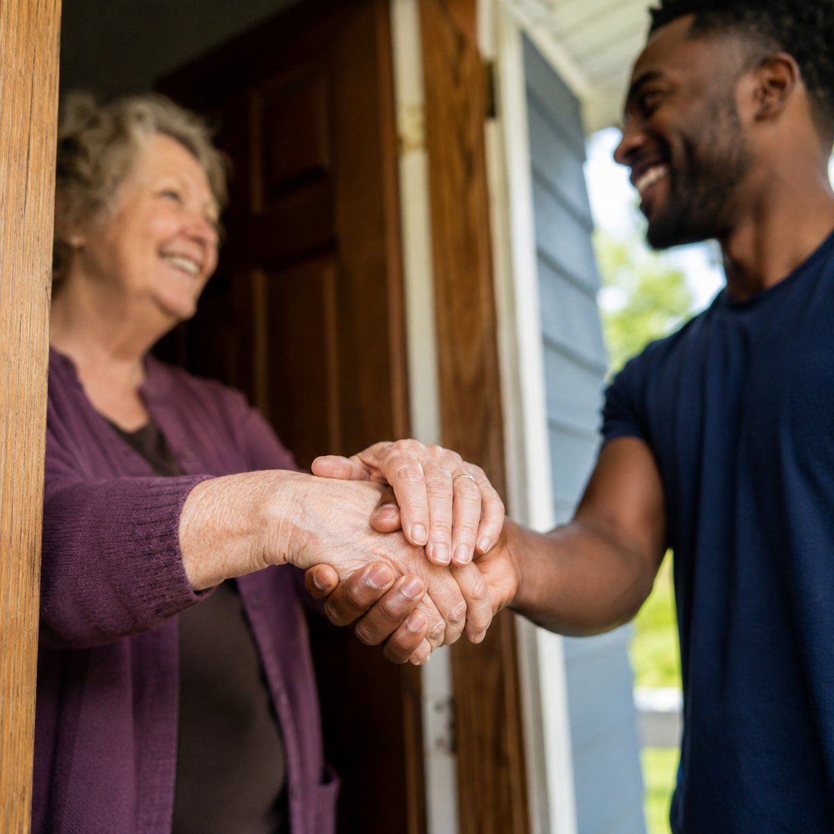 A welcoming handshake at a Veteran's front door