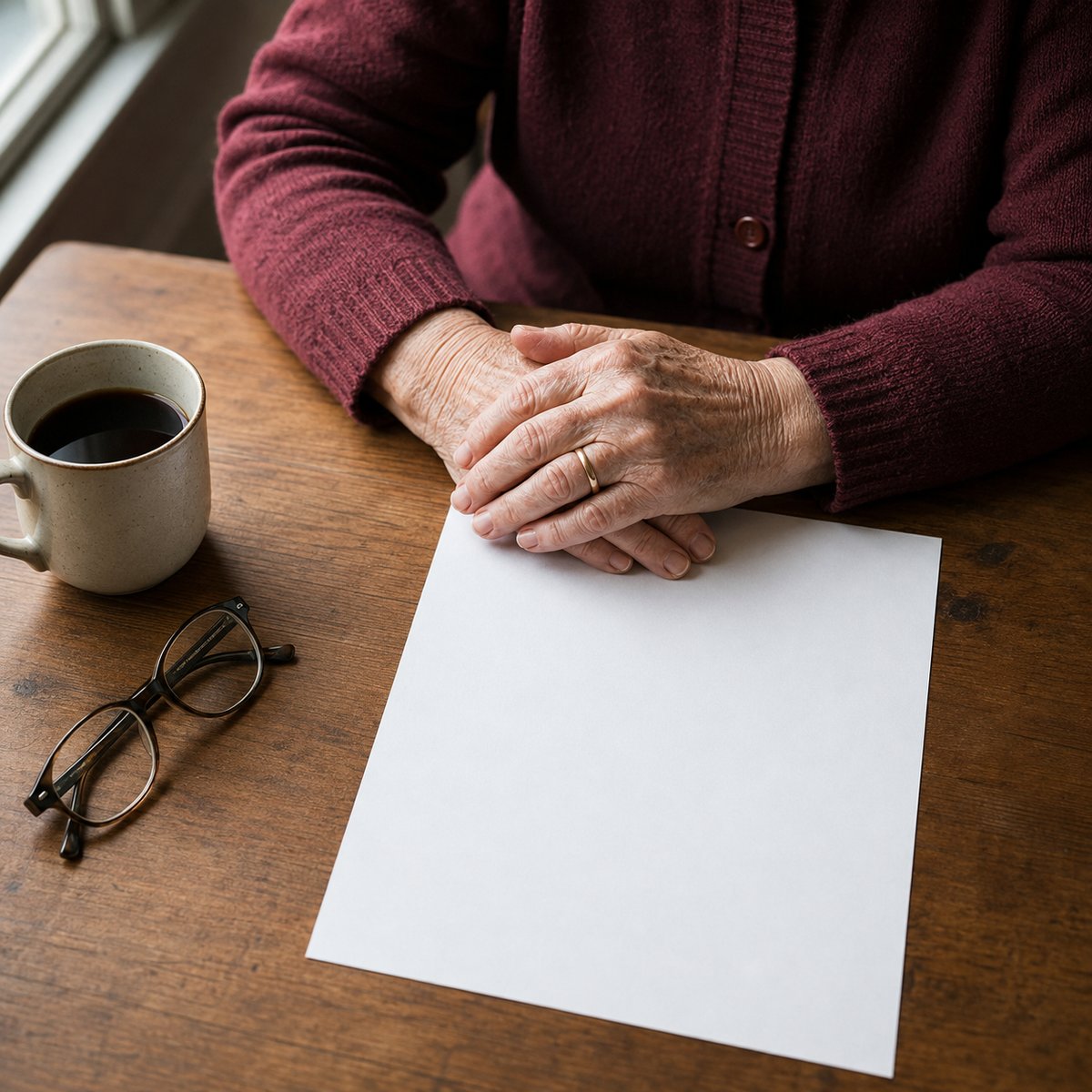 A Veteran's hands resting calmly on her kitchen table, everything in order