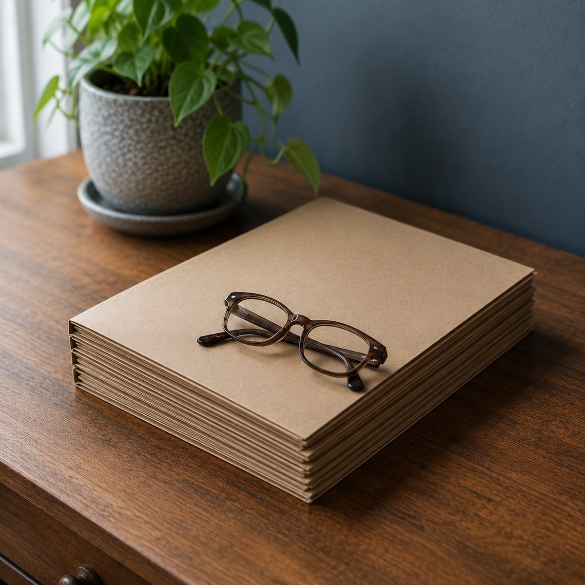 A neat stack of closed folders on a home desk