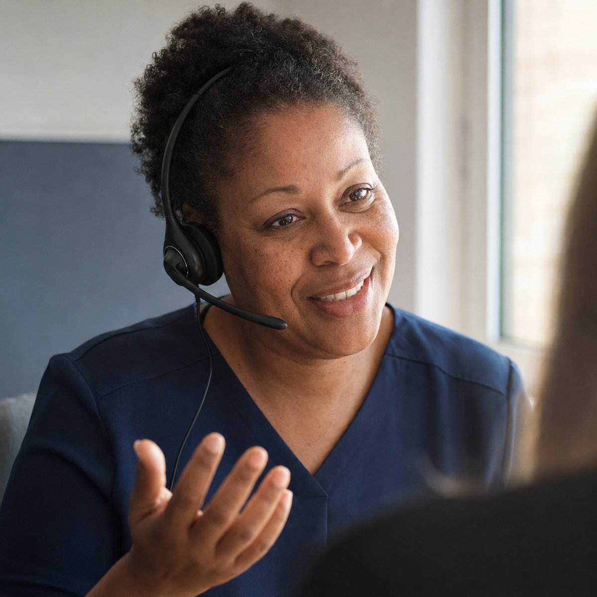 A benefits advocate smiling mid-conversation at her desk